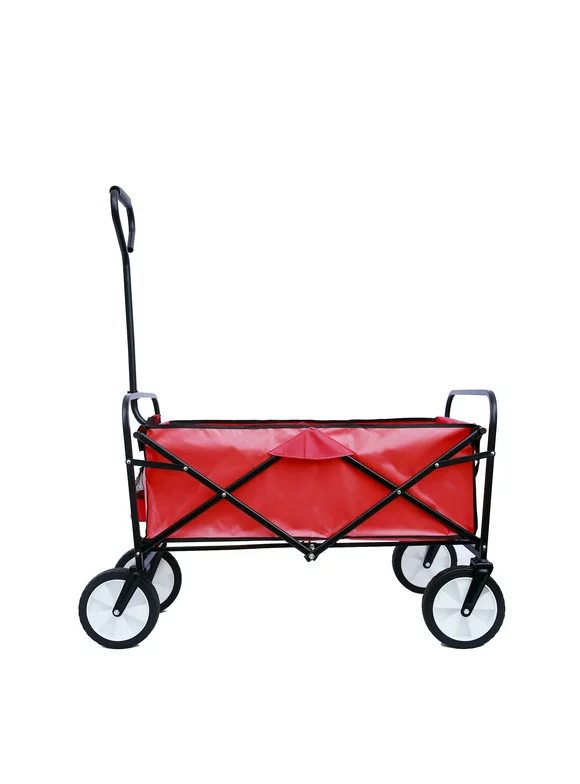 Collapsible Wagon, Heavy Duty Shopping Cart, Durable Garden Wagon, Folding Utility Wagon, Foldable Wagon with 2 Mesh Cup Holders, Adjustable Handle for Garden Shopping Picnic Beach, Red, Q3827