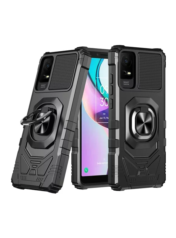 Compatible for TCL ION X Case/TCL ION V Case with Tempered Glass Screen Protector [Military Grade] Ring Car Mount Kickstand Shockproof Hard Phone Case - Black
