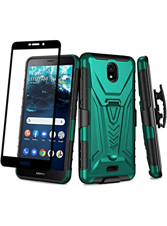 Compatible for Nokia C100 Case with Holster Belt Clip Hybrid Shockproof Protective Phone Cover with Kickstand - Teal