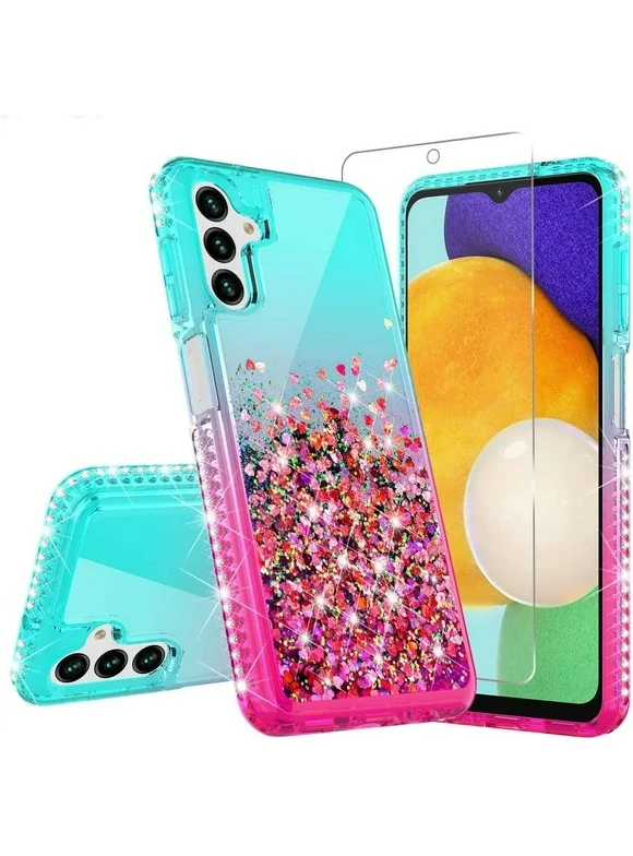 Compatible for Samsung Galaxy A14 5G Case Liquid Quicksand Glitter Phone Case Cover Full Body Coverage Protection for Girls Women - Teal/Pink