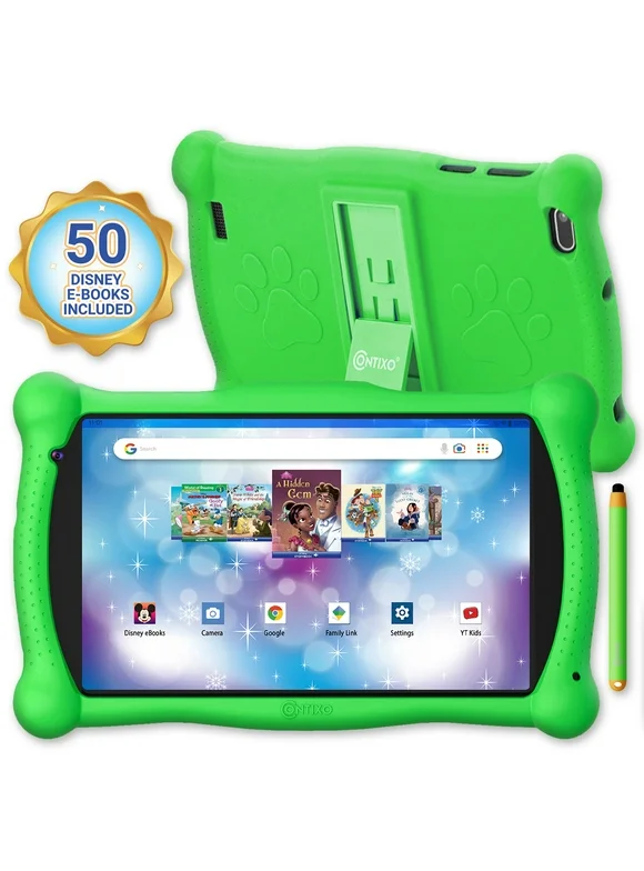 Contixo 7" Android Kids Tablet 32GB, Includes 50+ Disney Storybooks & Stickers, Protective Case with Kickstand & Stylus, (2023 Model) - Green