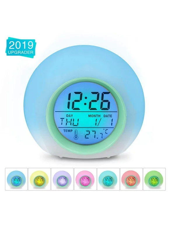 Coolmade Alarm Clock, Kids Alarm Clock, 7 Colors Changing Light Digital Clock for Boys and Girls , with Indoor Temperature Calendar, Alarm Clock for Bedrooms, Wake Up Light, Kid Clock, Battery clock