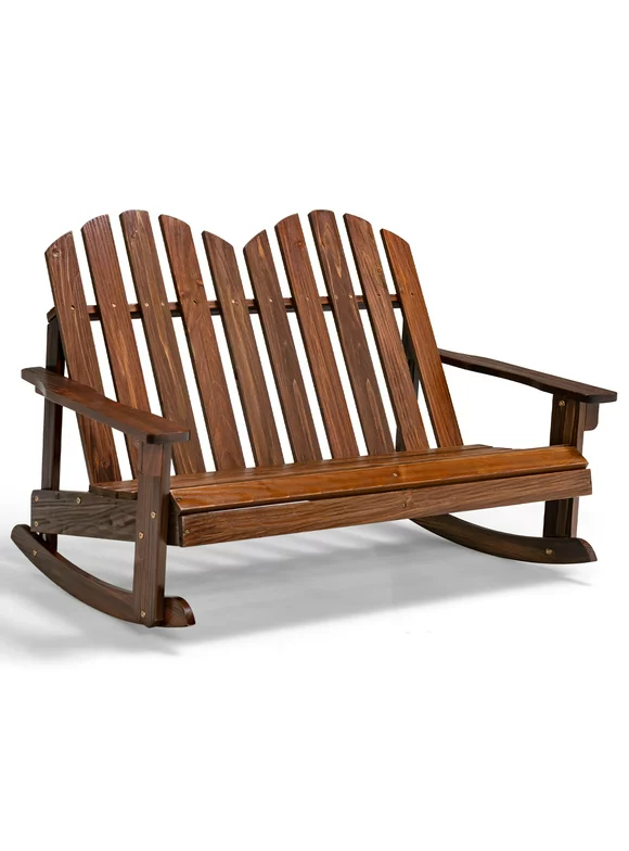 Costway 2 Person Kid Adirondack Rocking Chair Outdoor Backrest Armrest Solid Wood Coffee