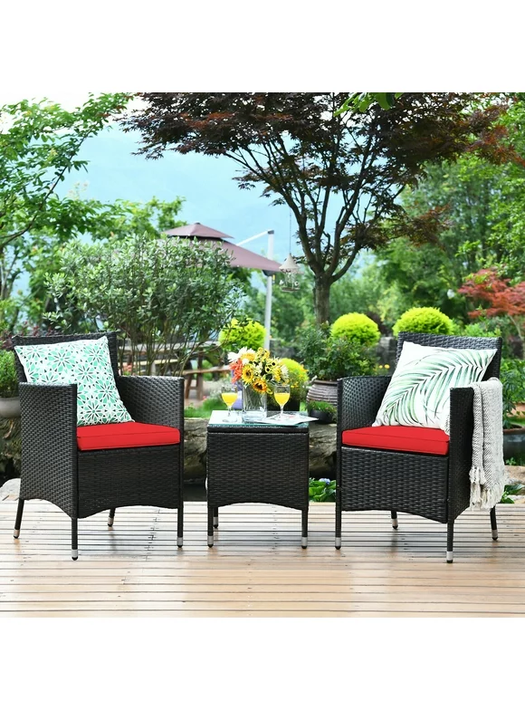 Costway Outdoor 3 PCS PE Rattan Wicker Furniture Sets Chairs  Coffee Table Garden Red