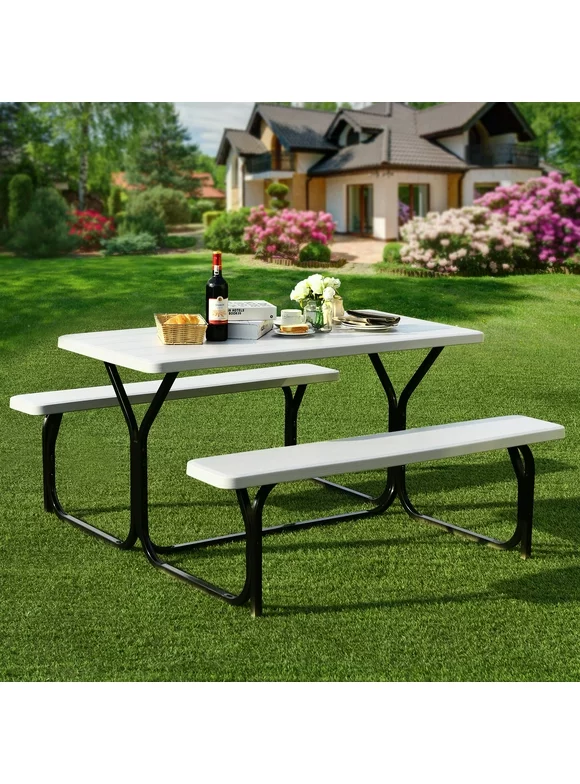 Costway Picnic Table Bench Set Outdoor Backyard Patio Garden Party Dining All Weather White