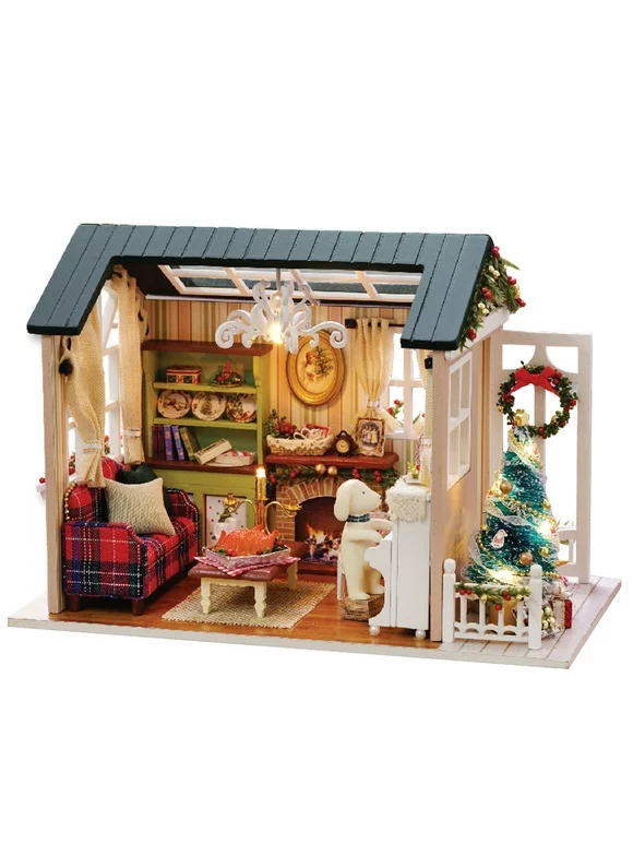 DIY Christmas Miniature Dollhouse Kit Realistic Mini 3D Wooden House Room Craft with Furniture LED Lights Children's Day Birthday Gift Christmas Decoration
