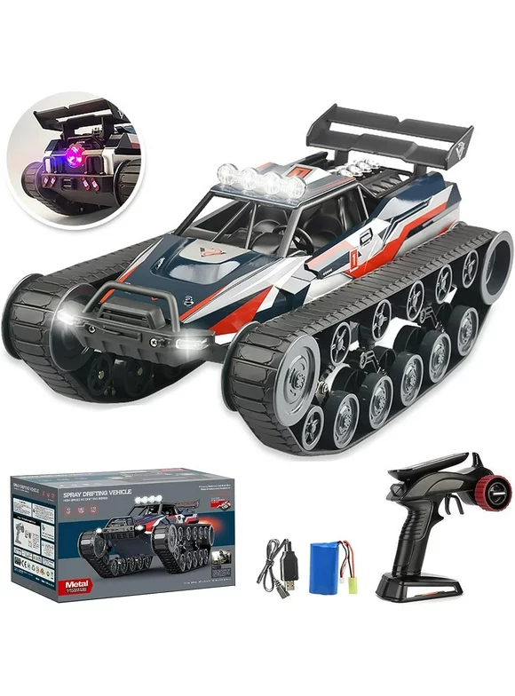 Dcenta 1:12 Remote Control Tank, 2.4Ghz RC Off-Road Crawler 4WD 360°Rotating Drift RC Car with LED Light RC Tank for Kids
