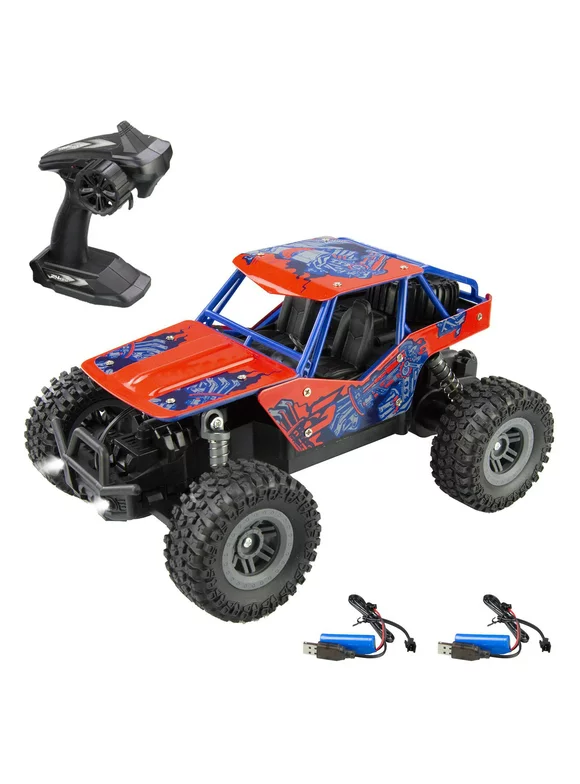 Dcenta 1:18 Remote Control Car, 15km/h High Speed Off Road RC Cars, 2.4Ghz 4WD All Terrains RC Monster Truck with LED Headlight & 2 Rechargeable Batteries for Kids Boys
