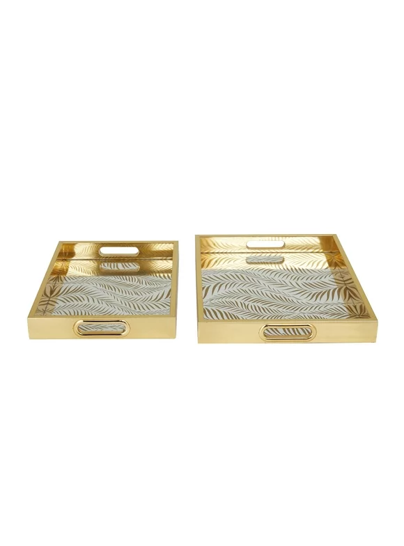 DecMode 16", 14"W Gold Plastic Mirrored Geometric Tray, 2-Pieces