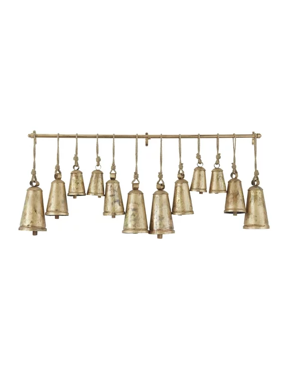 DecMode Tibetan Inspired Bronze Metal Narrow Cone Decorative Cow Bells with 12 Bells on Jute Hanging Ropes and Rod