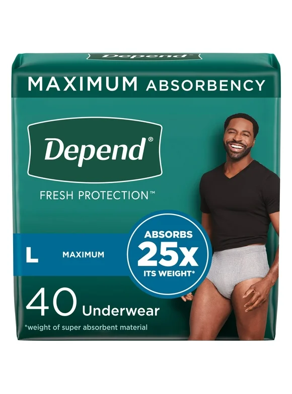 Depend Fresh Protection Adult Incontinence Underwear for Men, Maximum, L, Grey, 40Ct
