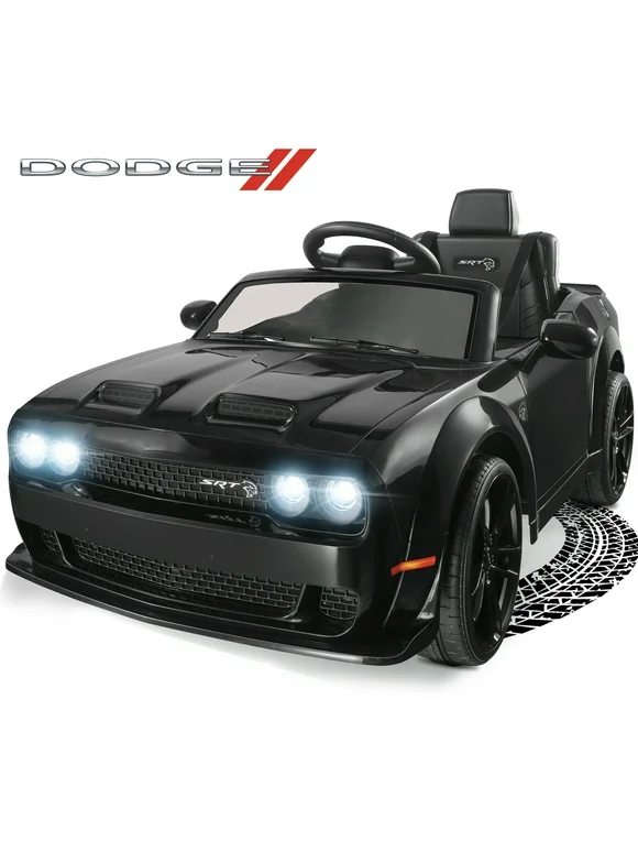 Dodge Challenger 12 V Powered Ride On Car with Remote Control, SRT Hellcat Toys for Kids, Black