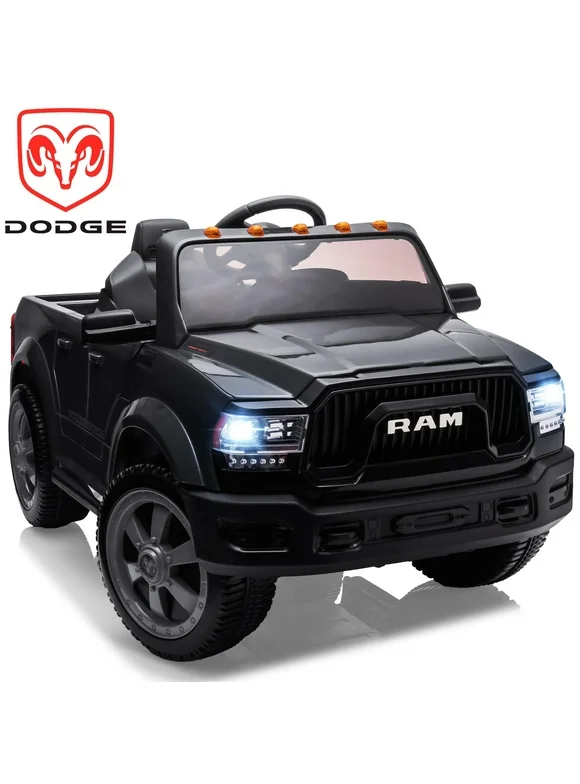Dodge RAM Ride on Car, 12V Powered Ride on Toy with Remote Control, Rear Wheel Suspension, 5 Point Safety Belt, MP3 Player, Bluetooth, LED Lights, Electric Vehicles for 3-5 Years Boys Girls, Black