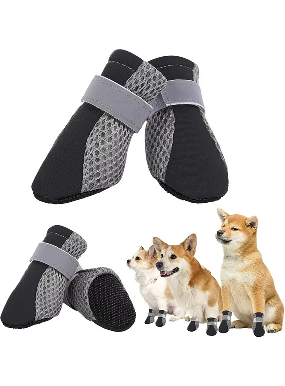 Dog Boots Waterproof Shoes for Dogs, Hot Pavement Summer Breathable and Soft, Mesh Paw Protectors with Reflective Strips, Rugged Anti-Slip Sole, for Small Medium Dogs Hiking, Black