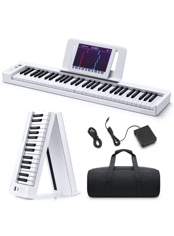 Donner DP-06 61 Keys Folding Piano Keyboard for Beginner, with Bluetooth, MIDI, 128 tones, 21 demo songs and 128 rhythm styles, Music Rest, Piano Bag, Piano Pedal, White