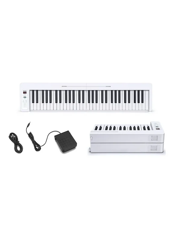 Pre-Owned Donner DP-06 Folding Bluetooth Keyboard Piano 61-Key Piano Keyboard for Beginners, Portable with Music Rest, Bag, Pedal, and App - White