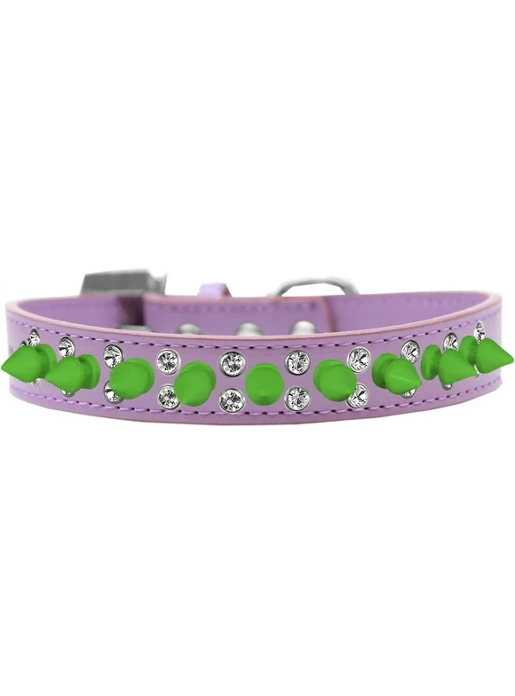 Double Crystal And Neon Green Spikes Dog Collar Size Lavender 20