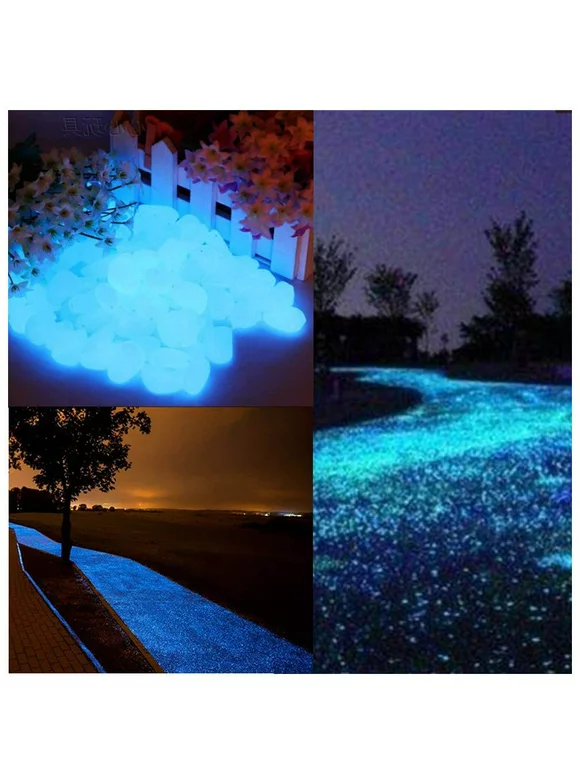 EEEkit 300pcs Glow in The Dark Garden Pebbles Stones Rocks for Yard Walkway Lawn Patio Fish Tank Aquarium, Decorative Luminous Pebbles Powered by Solar, Blue