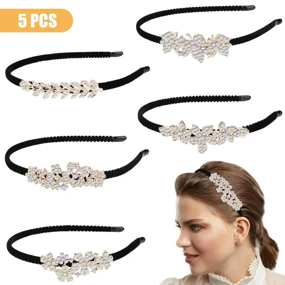 EEEkit 5pcs Crystal Hair Bands for Women, Fashion Leaf Flower Rhinestone Hoop, Elegant Bling Headband for Wedding, Party