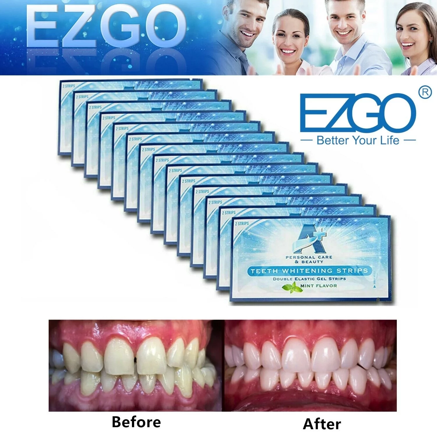 EZGO 28pc A+ Aplus Teeth Whitening Strips, 14 Treatments,  6% Hydrogen Peroxide Tooth Whitening Gel Teeth White Strips Remove Smoking Coffee Soda Stain