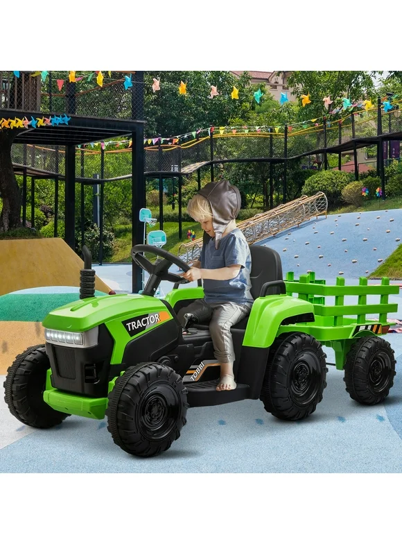 Electric Ride On Vehicle, 12V Ride on Tractor, Battery Powered Electric Cars Toy Tractor with Trailer, Suspension, MP3 Play, Ride On Toys for 3-5 Years Kids, JA2066