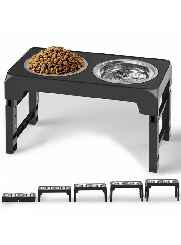 Elevated Dog Bowls with 2 Thick 1.22L/42oz Stainless Steel Dog Food Bowls, 5 Heights Adjustable Raised Dog Bowl for Large Medium Small Dogs, Puppy and Cats