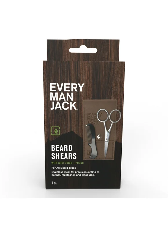Every Man Jack Stainless Steel Beard Shears with Mini Comb + Pouch for All Beard Types