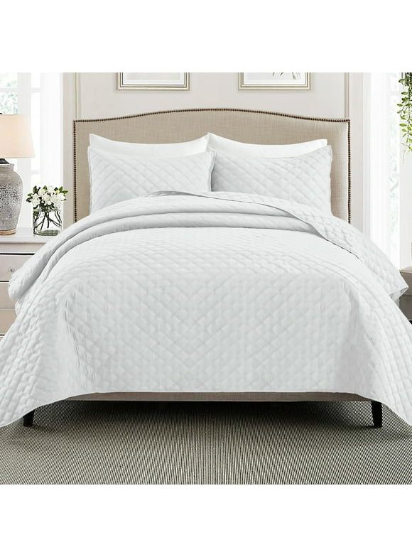 Exclusivo Mezcla 3-Piece White King Size Quilt Set, Box Pattern Ultrasonic Lightweight and Soft Quilts/Bedspreads/Coverlets/Bedding Set (1 Quilt, 2 Pillow Shams) for All Seasons