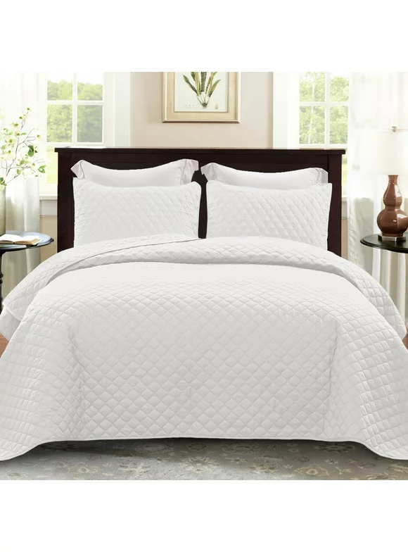 Exclusivo Mezcla Ultrasonic 3-Piece King Size Quilt Set with Pillow Shams, Lightweight Bedspread/Coverlet/Bed Cover -(White, 92"x104")