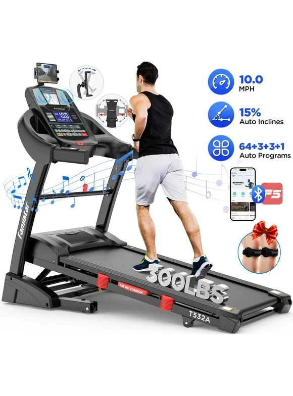 Famistar 4.5HP Folding Treadmill for Home with 15 Auto Incline, Smart APP, 300lbs, HiFi Bluetooth Speakers, 64 Programs, 10MPH Speed, Foldable EleTreadmill Running Machine, Knee Strap Gift