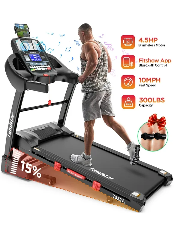 Famistar 4.5HP Folding Treadmill w/ APP control Portable Foldable, 15 Levels Auto Incline Treadmill for Home Office, 300lbs Capacity, Adjustable iPad Holder, Max 10MPH Speed, Knee Strap Gift