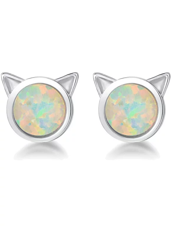 Fancime Sterling Silver Cat Stud Earrings 6mm Created Fire Opal Tiny Cute Dot Round Disc Dainty Minimalist Jewelry for Women Girls