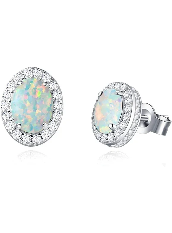 Fancime Sterling Silver White Opal Stud Earrings Oval Halo Cubic Zirconia CZ Fire Opal Fine Jewelry for Women