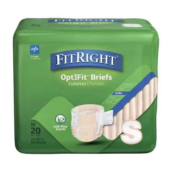 FitRight OptiFit Briefs, Ultra Absorbency, Disposable Adult Diapers with Tabs, Small, 20"-33", 20 Count