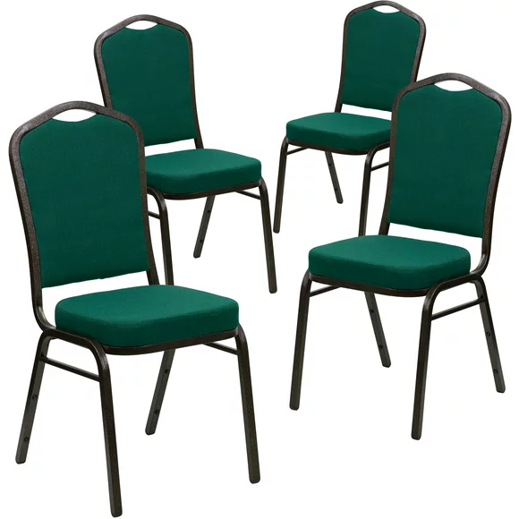 Flash Furniture 4 Pack HERCULES Series Crown Back Stacking Banquet Chair in Green Fabric - Gold Vein Frame