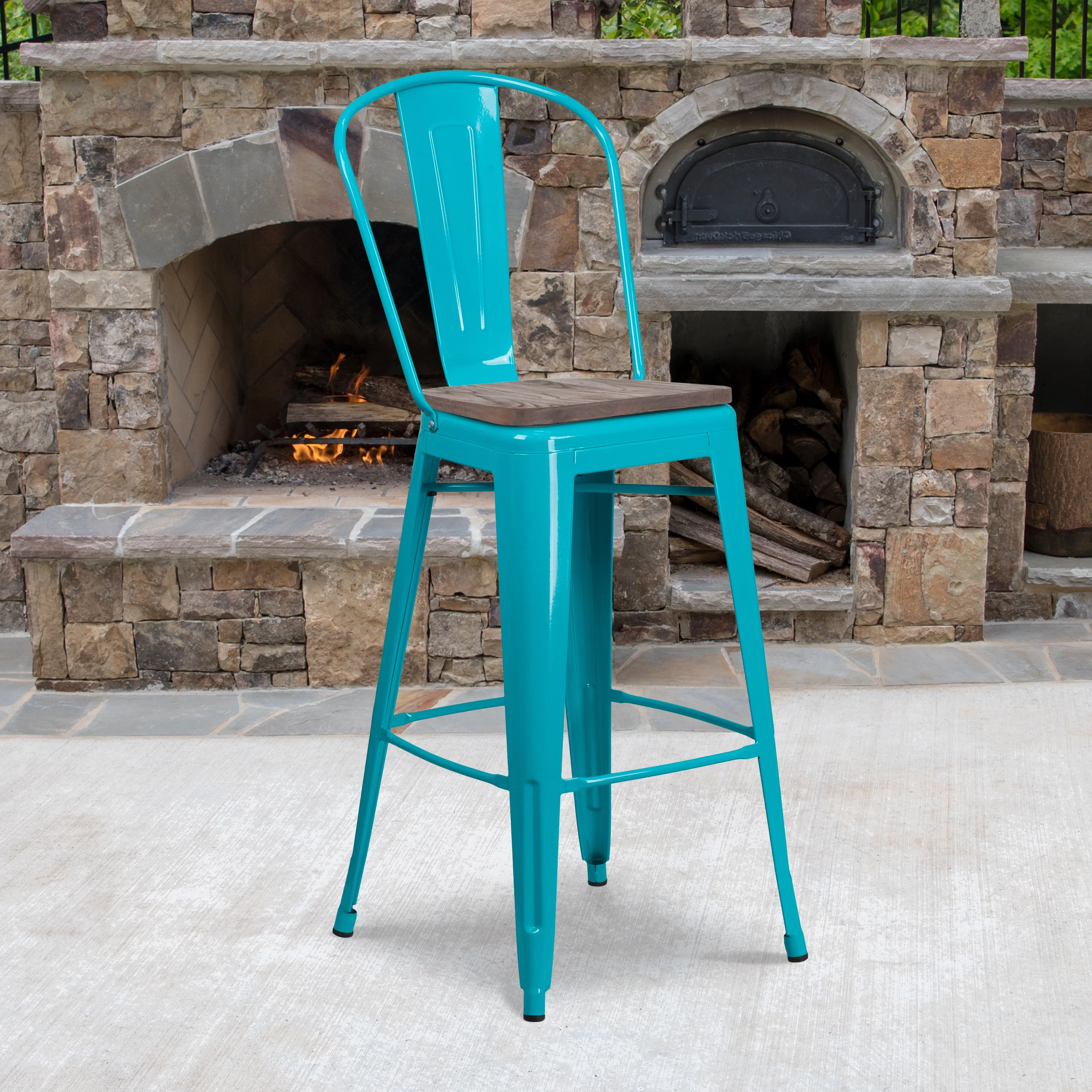 Flash Furniture Cindy 30" High Crystal Teal-Blue Metal Barstool with Back and Wood Seat
