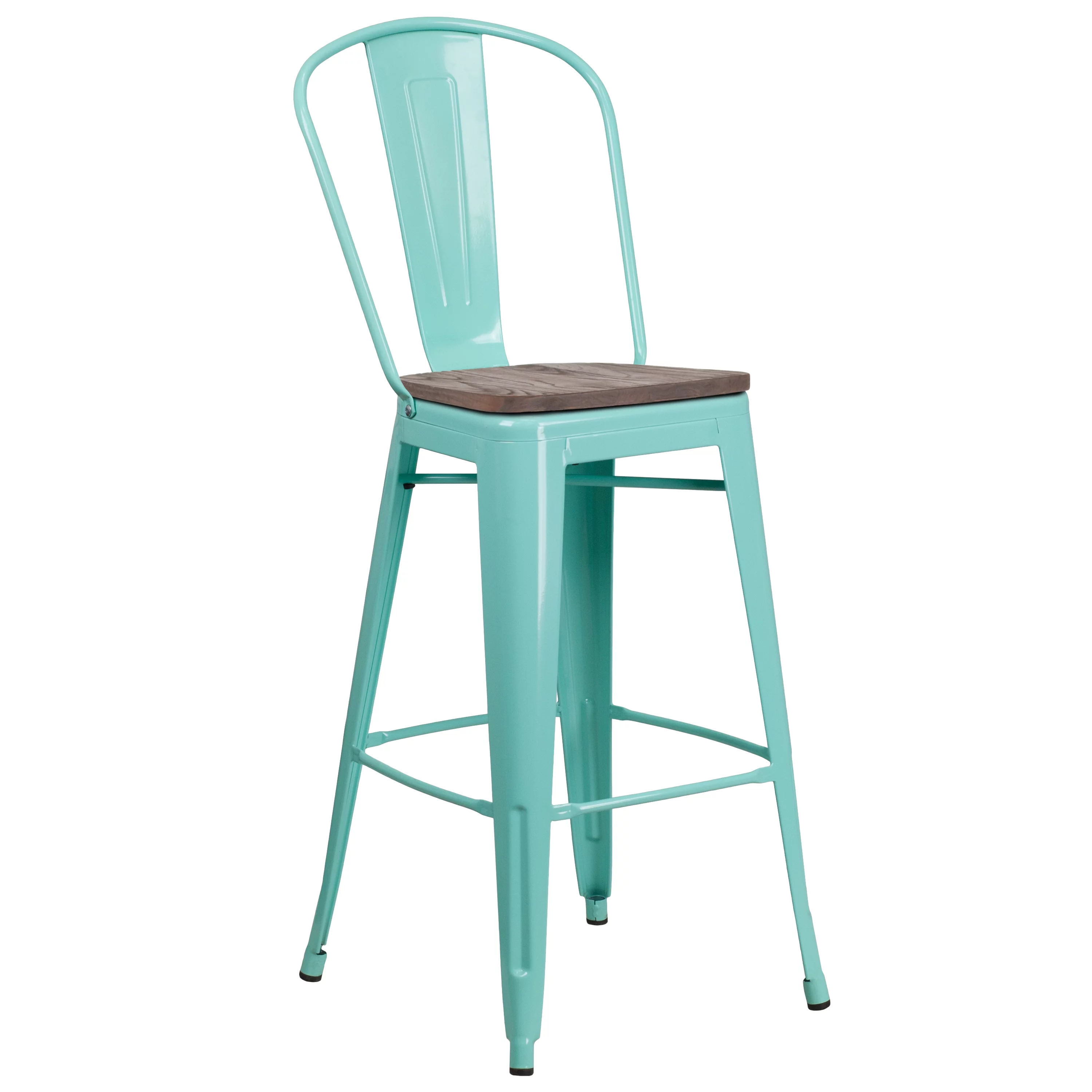 Flash Furniture Cindy 30" High Mint Green Metal Barstool with Back and Wood Seat