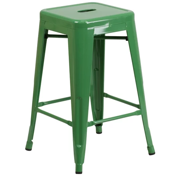 Flash Furniture Commercial Grade 24" High Backless Green Metal Indoor-Outdoor Counter Height Stool with Square Seat