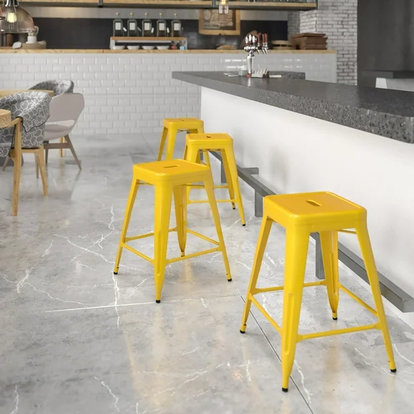Flash Furniture Commercial Grade 24" High Backless Yellow Metal Indoor-Outdoor Counter Height Stool with Square Seat