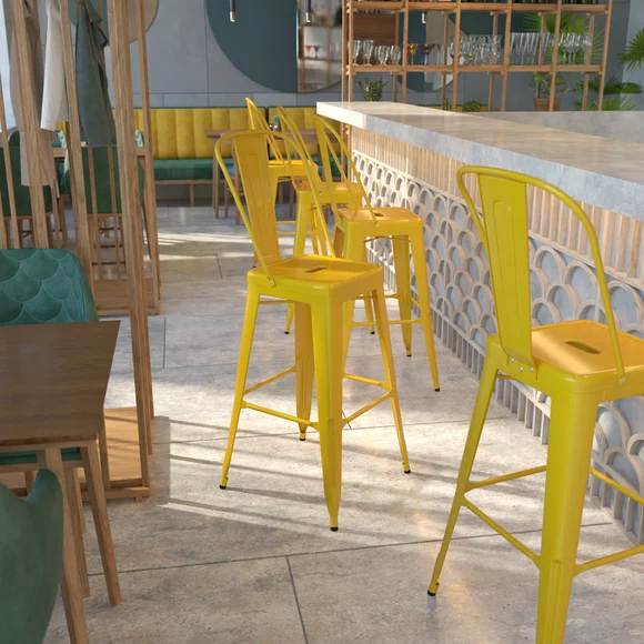 Flash Furniture Commercial Grade 30" High Yellow Metal Indoor-Outdoor Barstool with Removable Back