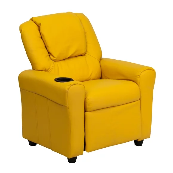 Flash Furniture Contemporary Yellow Vinyl Kids Recliner with Cup Holder and Headrest