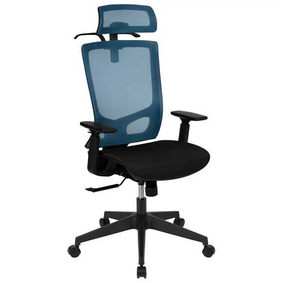 Flash Furniture Ergonomic Mesh Office Chair with Synchro-Tilt, Pivot Adjustable Headrest, Lumbar Support, Coat Hanger & Adjustable Arms-Blue/Black