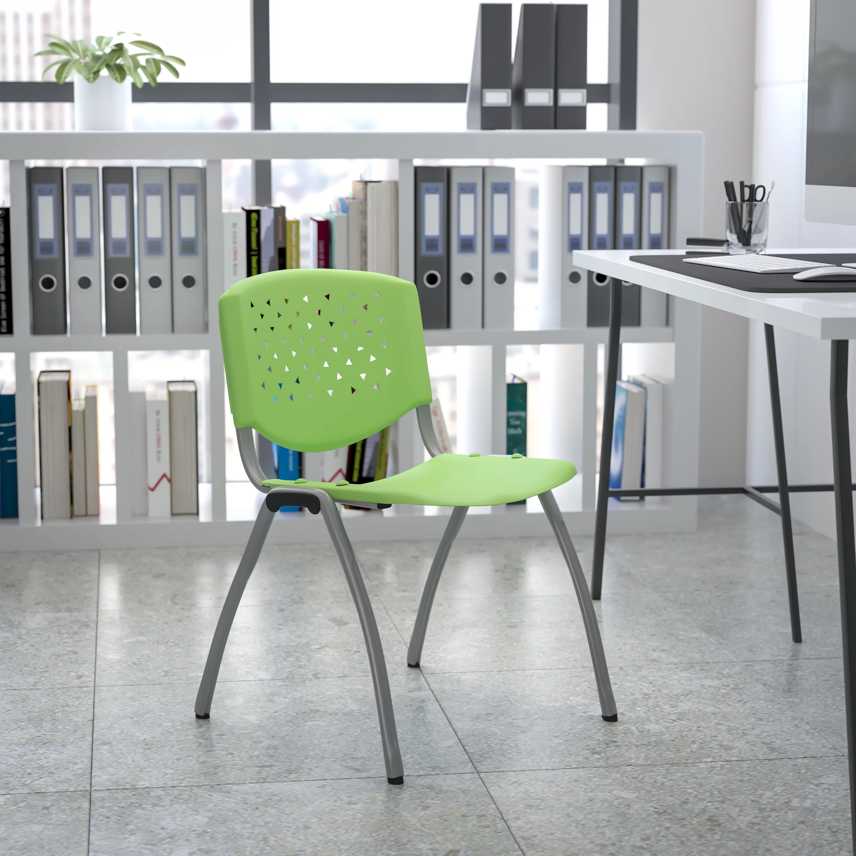 Flash Furniture HERCULES Series 880 lb. Capacity Green Plastic Stack Chair with Titanium Gray Powder Coated Frame