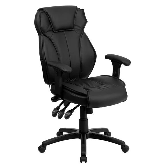 Flash Furniture High Back Black LeatherSoft Multifunction Executive Swivel Ergonomic Office Chair with Lumbar Support Knob with Arms