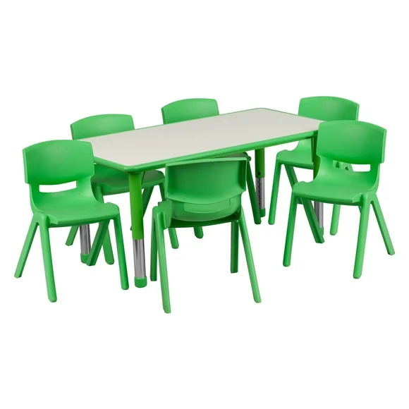 Flash Furniture Rectangular Plastic Height Adjustable Activity Table Set with 6 Chairs, Green
