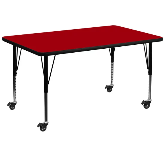 Flash Furniture Wren Mobile 36''W x 72''L Rectangular Red Thermal Laminate Activity Table - Height Adjustable Short Legs