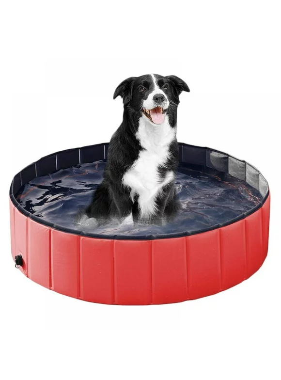 Foldable Dog Pool - Portable Kiddie Pool for Kids, PVC Bathing Tub, Outdoor Swimming Pool for Large Small Dogs, Red