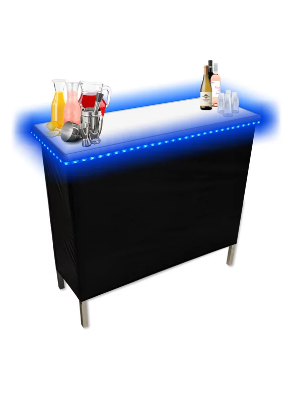 Folding Portable Party Bar with Patented Multi-Color LED Lights, Storage Shelf, Carrying Bag, & 2 Skirts (40" L x 36" H) - Single