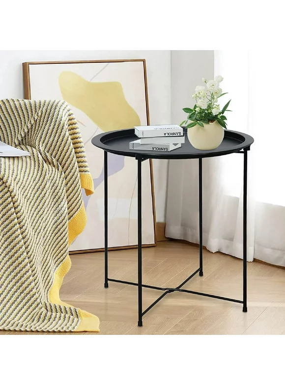 Folding Tray Metal Side Table Round End Table, Black Sofa Small Accent Fold-able Table, Round End Table Tray, Next to Sofa Table, Snack Table for Living Room and Bed Room Garden 4 you