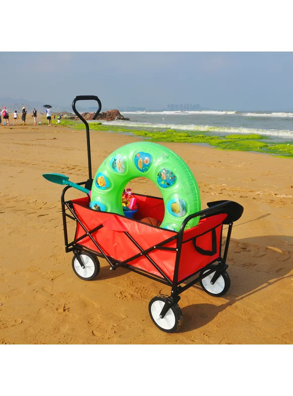 Folding Wagon, Beach Wagons with Big Wheels for Sand, Durable Collapsible Wagon, Utility Wagon, Wagon for Kids with 2 Mesh Cup Holders, Adjustable Handle for Garden Shopping Picnic Beach, Red, Q3818